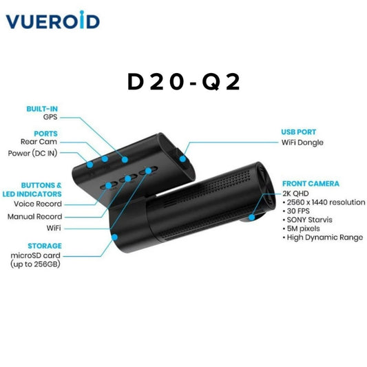 Vueroid D20-Q2 QHD Dual Dashcam with Wi-Fi & Smart ADAS Car Camera Car Recorder Kamera Kereta