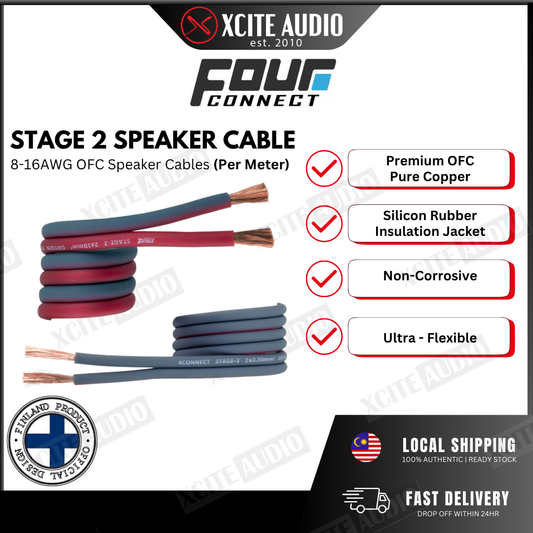 Four Connect Stage 2 | 8AWG - 16AWG High‑Flex Premium OFC Speaker Cables (1 Meter)