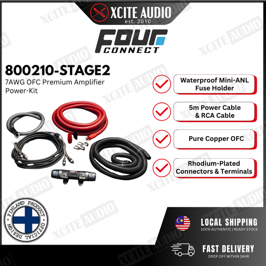 FOUR Connect 4‑800210 STAGE2 10 mm² OFC Amplifier Powerkit | 100% Copper | Waterproof Fuse Holder | 40A ANL Fuse