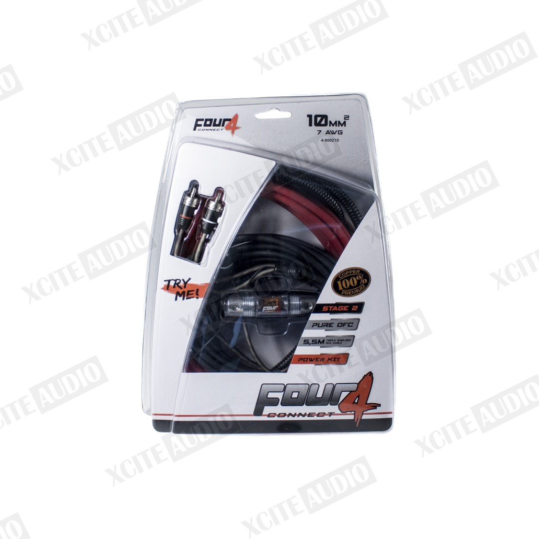 FOUR Connect 4‑800210 STAGE2 10 mm² OFC Amplifier Powerkit | 100% Copper | Waterproof Fuse Holder | 40A ANL Fuse