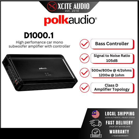 Polk Audio PA D1000.1 Mono Subwoofer Car Amplifier - 500W RMS at 4ohms/800W RMS at 2ohms/ 1ohm stable