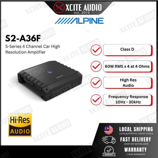 Alpine S2-A36F S-Series 4-channel Car Amplifier — 60 watts RMS x 4 | New High Resolution Amplifier | 1 Year Warranty