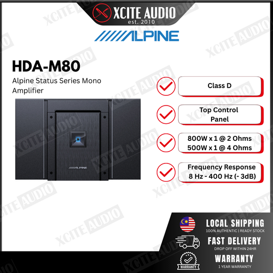Alpine HDA-M80 Status Series mono subwoofer amplifier — 800 watts RMS at 2 ohms