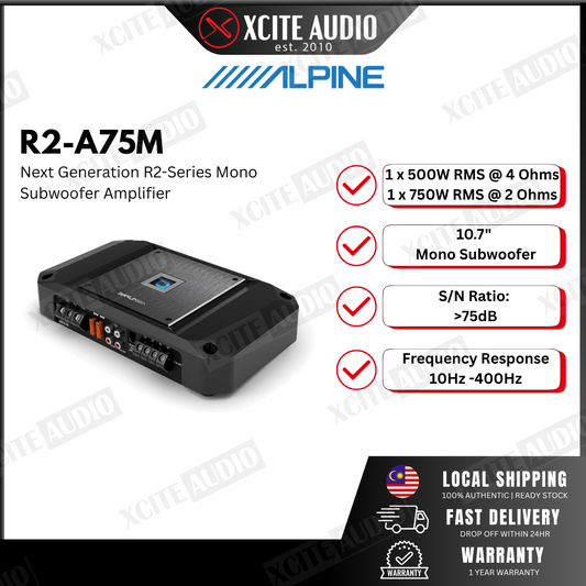 Alpine R2-A75M R2-Series mono subwoofer amplifier — 750 watts RMS x 1 at 2 ohms