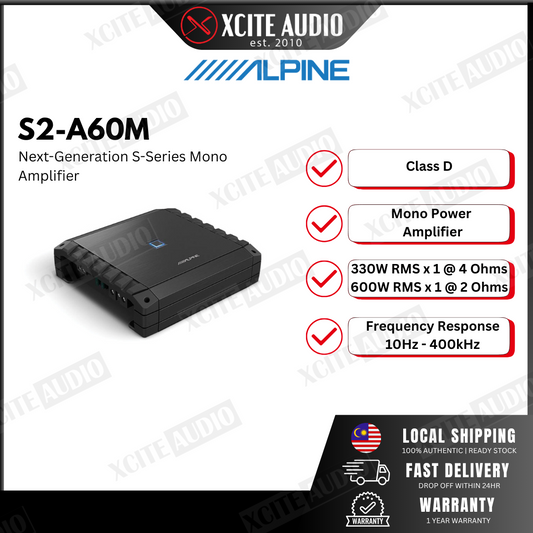 Alpine S2-A60M S-Series mono subwoofer amplifier — 600 watts RMS x 1 at 2 ohms