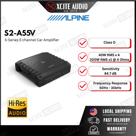 Alpine S2-A55V S-Series 5-channel car amplifier — 40 watts RMS x 4 at 4 ohms + 300 watts RMS x 1 at 2 ohms