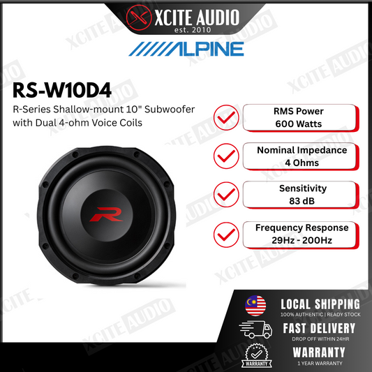 Alpine RS-W10D4 R-Series shallow-mount 10" subwoofer with dual 4-ohm voice coils