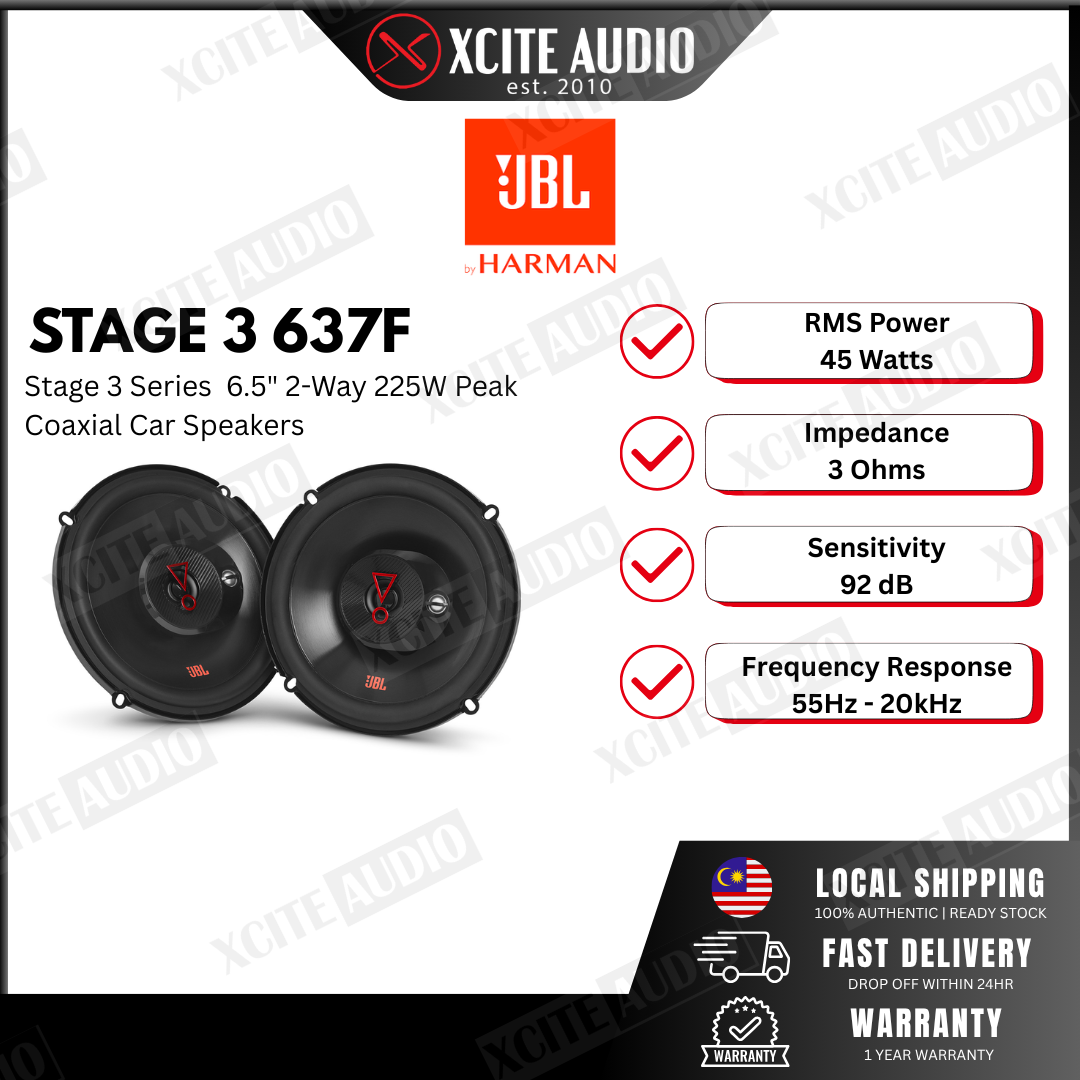 JBL Stage3 637F – Ensemble Haut-Parleurs Voiture 16,5 Cm 3 Voies – 225 W Crête – Plus One Woofer – Sans Grille