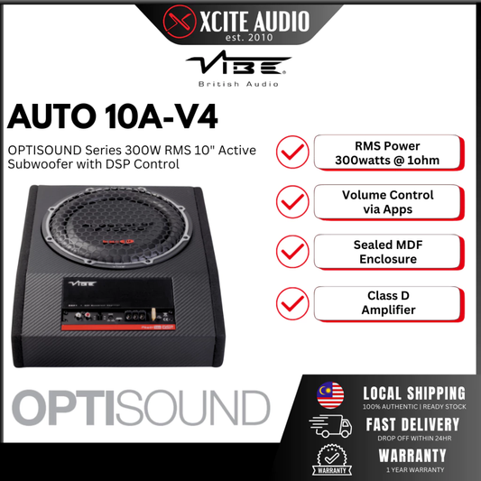 VIBE AUTO 10A‑V4 - OPTISOUND Series 10" Compact Active Car Subwoofer | 300W RMS | Sealed MDF