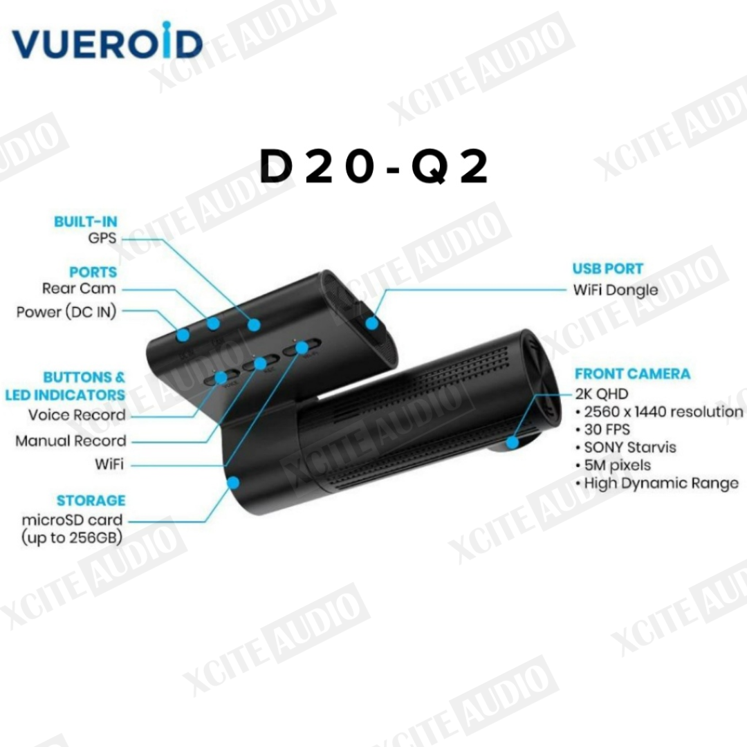 Vueroid D20-Q2 QHD Dual Dashcam with Wi-Fi & Smart ADAS Car Camera Car Recorder Kamera Kereta