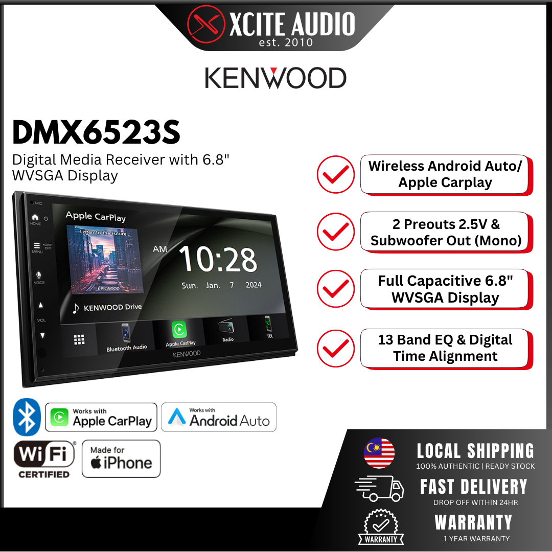 Kenwood DMX6523S 6.8" Display Digital Media Receiver with Wireless Apple CarPlay, Android Auto