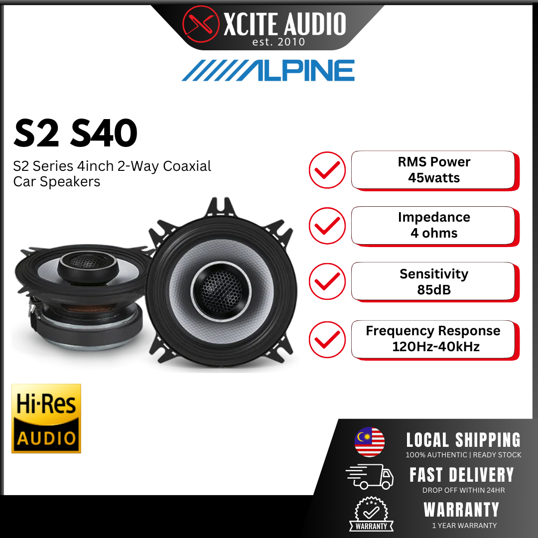 Alpine S2-S40 4"Inch (10 cm) 2-Way S-Series 140W Peak Coaxial Car Speakers | 100% Original | 1 Year Warranty