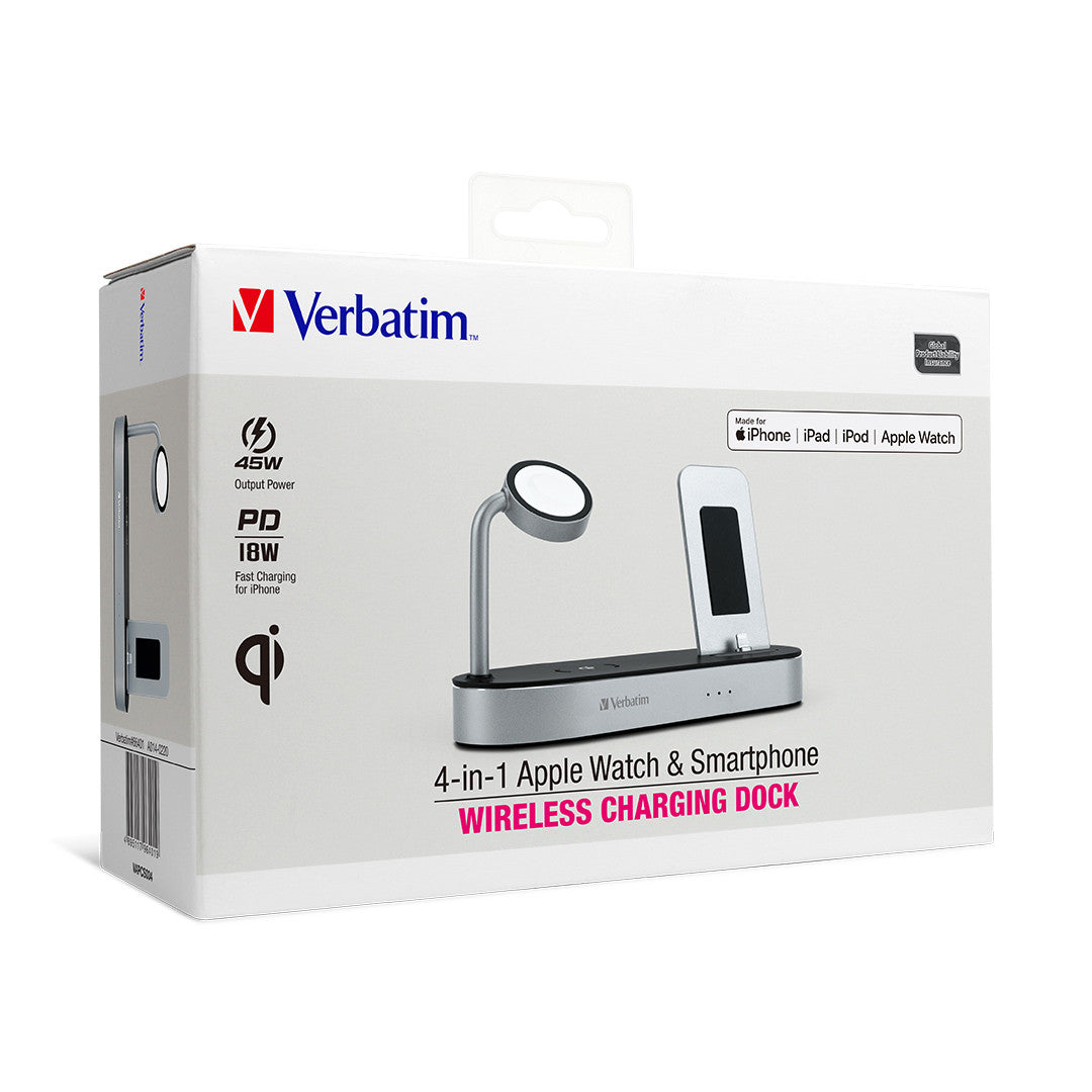 Verbatim 4-In-1 Wireless Charging Dock MFi & Qi Certified Apple Watch & Smartphone, 4 Devices Total Output 45w