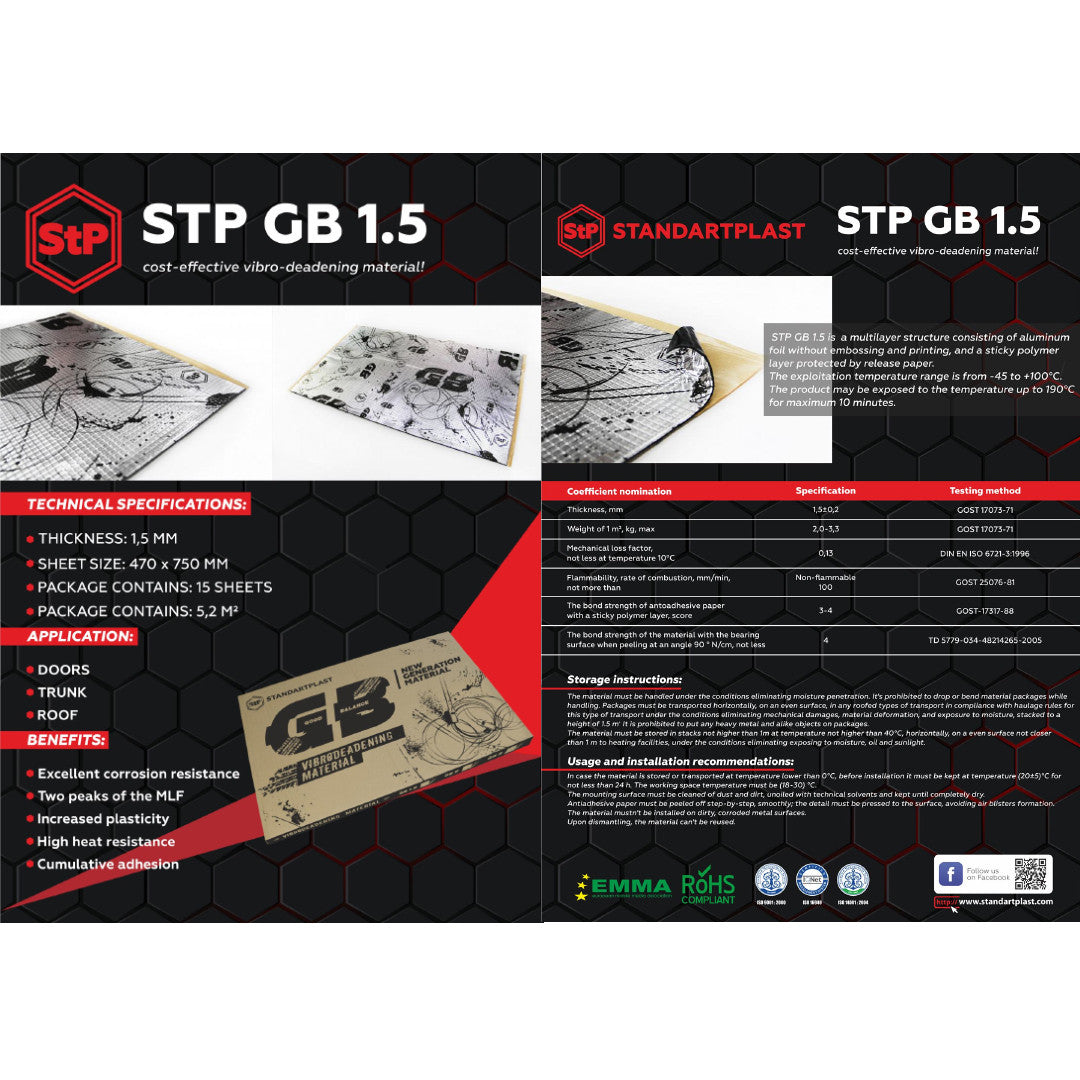 STP Standartplast GB 2.0 Sound Cost-effective Vibro-deadening Material Soundproof Cancelling (1 Sheet)