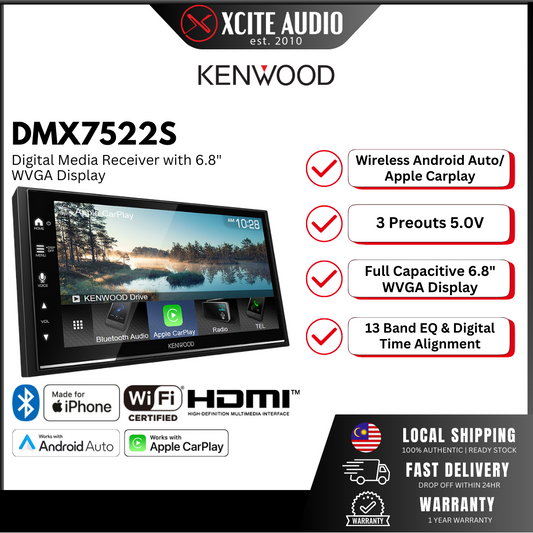 Kenwood DMX7522S 6.8" Display Digital Media Receiver with Wireless Apple CarPlay, Android Auto, USB Mirroring