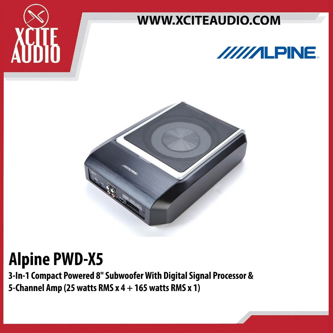 Alpine PWD-X5 3-In-1 Compact Powered 8" Subwoofer With Digital Signal Processor & 5-Channel Amp (25 watts RMS x 4 + 165 watts RMS x 1)