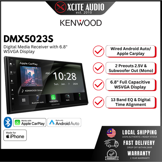 Kenwood DMX5023S 6.8"inch Digital Media Receiver with Apple CarPlay/Android Auto/Mirroring via USB