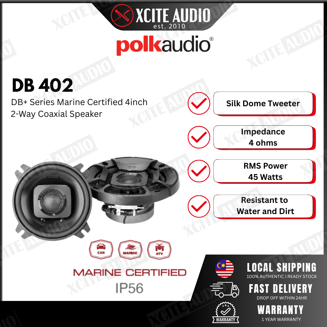 Polk Audio DB402 Marine Certified 4"inch Coaxial Car Speakers Water Resistance
