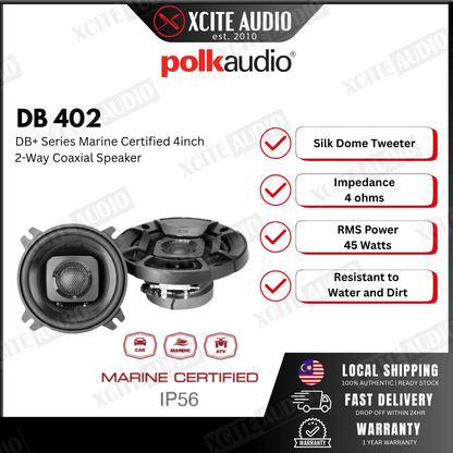 Polk Audio DB402 Marine Certified 4"inch Coaxial Car Speakers Water Resistance
