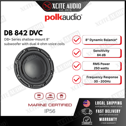 Polk Audio DB 842 DVC DB+ Series shallow-mount 8" subwoofer with dual 4-ohm voice coils