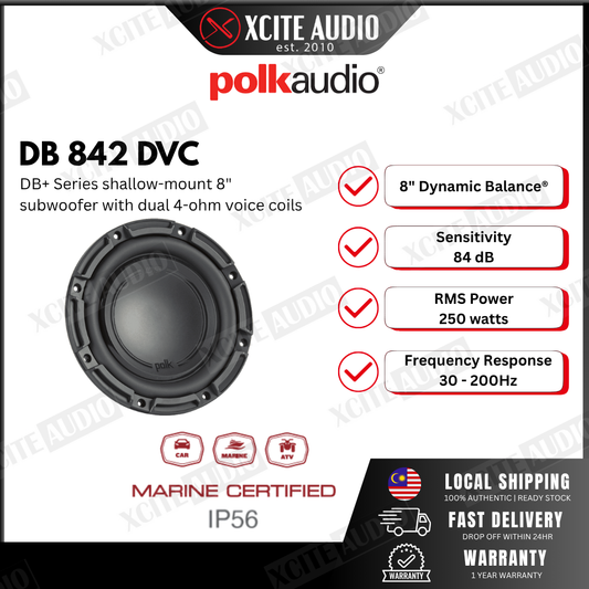 Polk Audio DB 842 DVC DB+ Series shallow-mount 8" subwoofer with dual 4-ohm voice coils