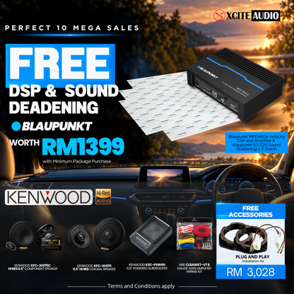 PERFECT 10 MEGA SALES | KENWOOD SPEAKER AND SUBWOOFER BUNDLE FREE BLAUPUNKT 6 CHANNEL DSP & SOUND DEADENING WORTH RM1399