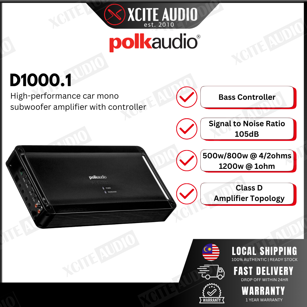 Polk Audio PA D1000.1 Mono Subwoofer Car Amplifier - 500W RMS at 4ohms/800W RMS at 2ohms/ 1ohm stable