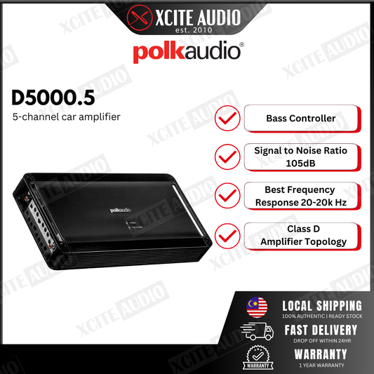 Polk Audio PA D5000.5 5-channel car amplifier — 70 watts RMS x 4 at 4 ohms + 500 watts RMS x 1 at 1 ohm