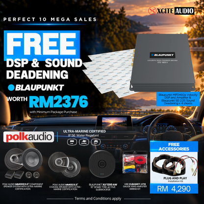 PERFECT 10 MEGA SALES | POLK AUDIO SPEAKER AND BLAUPUNKT SUBWOOFER BUNDLE FREE BLAUPUNKT 8 CHANNEL DSP WOTH RM2376