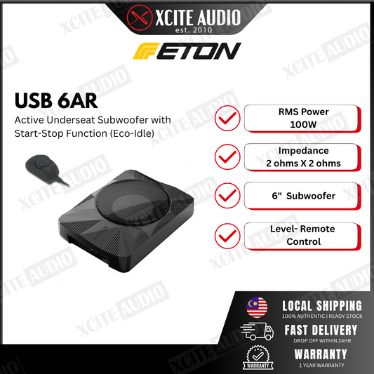 ETON USB 6AR - 2 Voice Coil 6" Active Underseat Subwoofer Cars with Start-Stop Function (Eco-Idle)