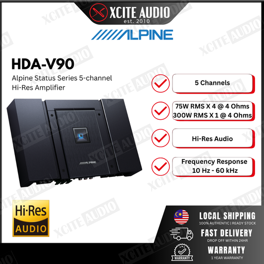 Alpine HDA-V90 Status Series 5-channel car amplifier — 75 watts RMS x 4 at 4 ohms + 500 watts RMS x 1 at 2 ohms