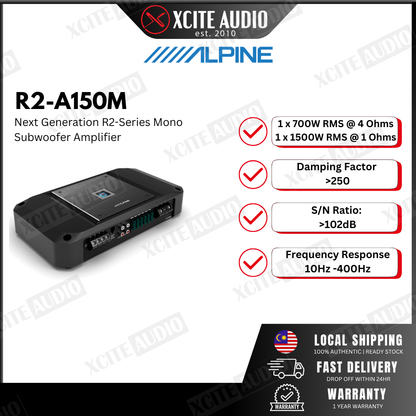 Alpine R2-A150M R2-Series mono subwoofer amplifier — 1500 watts RMS x 1 at 1 ohm