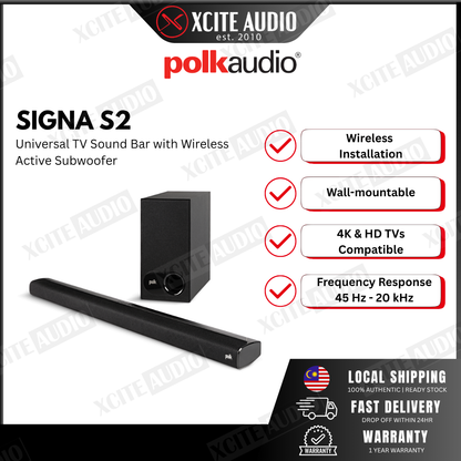 Polk Audio Signa S2 Universal TV Sound Bar With Wireless Active Subwoofer