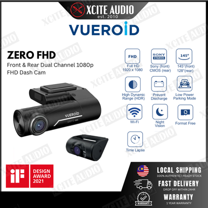 Vueroid ZERO FHD 1080P Front & Rear DUAL DASHCAM WITH WiFi Car Camera Recorder Car Cam Kamera Kereta