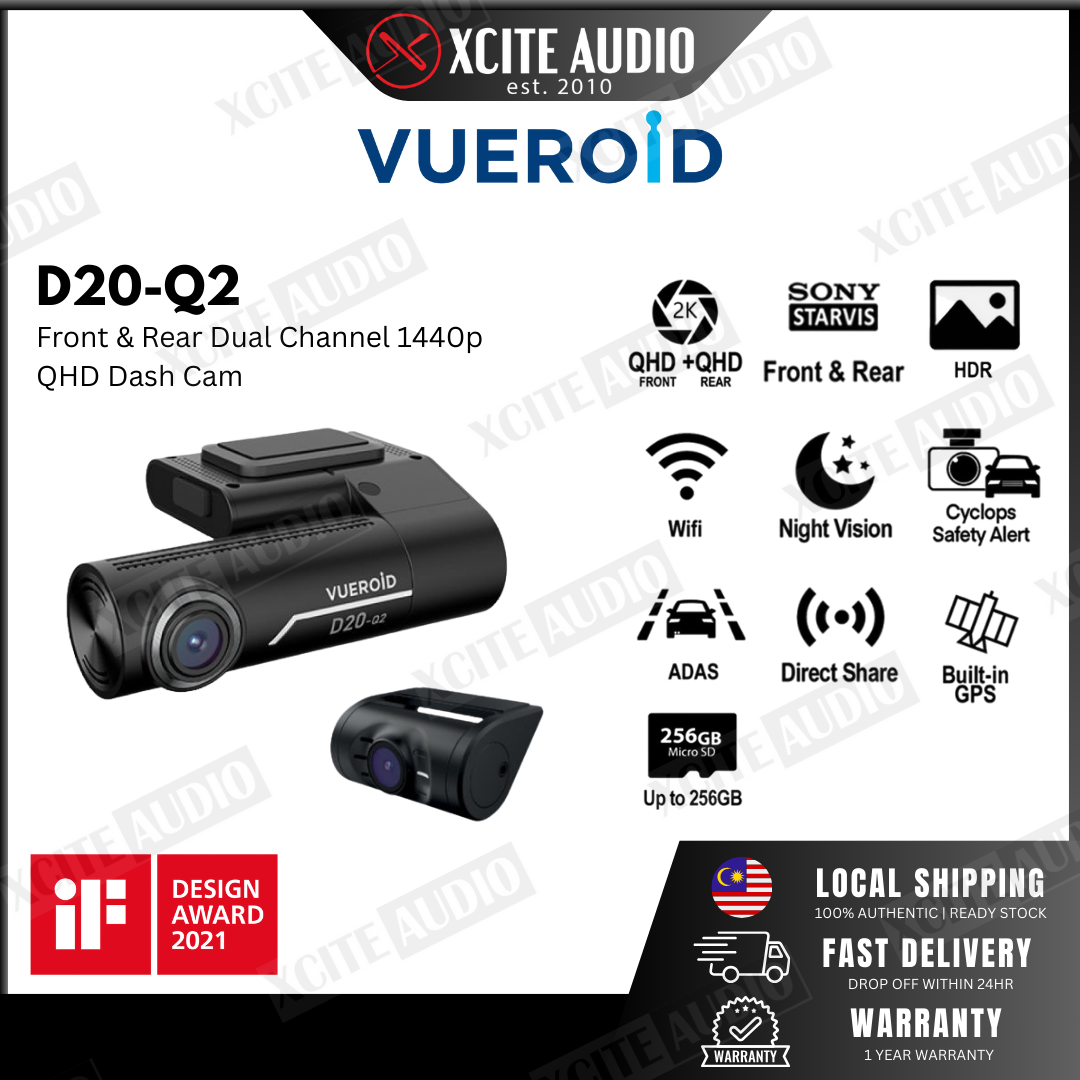 Vueroid D20-Q2 QHD Dual Dashcam with Wi-Fi & Smart ADAS Car Camera Car Recorder Kamera Kereta