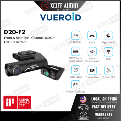 Vueroid D20-F2 FHD DUAL DASHCAM WITH Wi-Fi & SMART ADAS Car Camera Car Recorder Kamera Kereta Manual, Accident free
