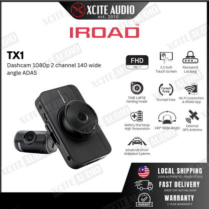 IROAD TX1 32GB Car Dashcam 1080p 2-channel 140 wide angle ADAS | Car Recorder | Dual Vision | 1 Year Warranty