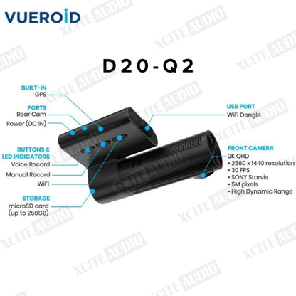 Vueroid D20-Q2 QHD Dual Dashcam with Wi-Fi & Smart ADAS Car Camera Car Recorder Kamera Kereta