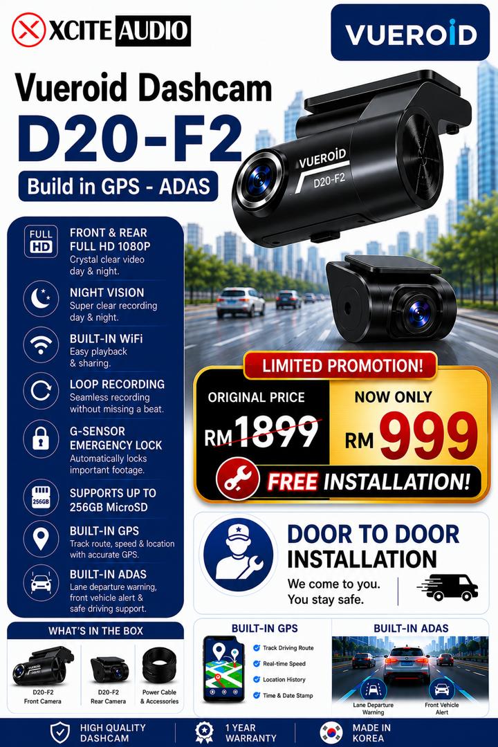 LIMITED PROMOTION - D20-F2 Vueroid Dashcam Free Installation