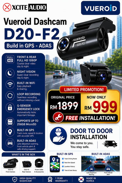 LIMITED PROMOTION - D20-F2 Vueroid Dashcam Free Installation
