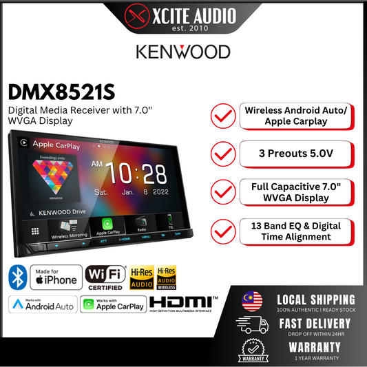 Kenwood DMX8521S 7.0" Display Digital Media Receiver with Wireless Apple CarPlay, Android Auto, Mirroring, Hires Audio, LDAC