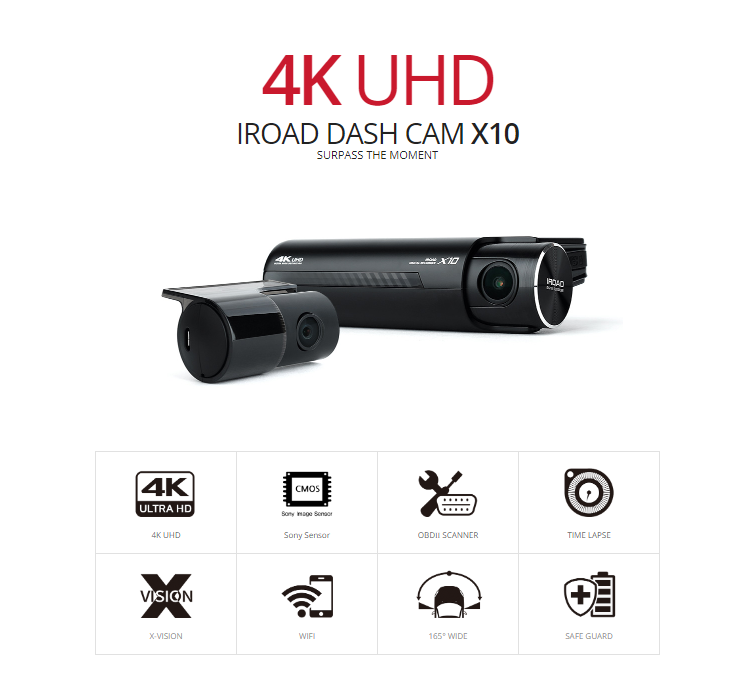 IROAD X10 UHD 4K Dual Channel Front & Rear DashCam Night Vision ADAS App Control Car Camera Driving Recorder