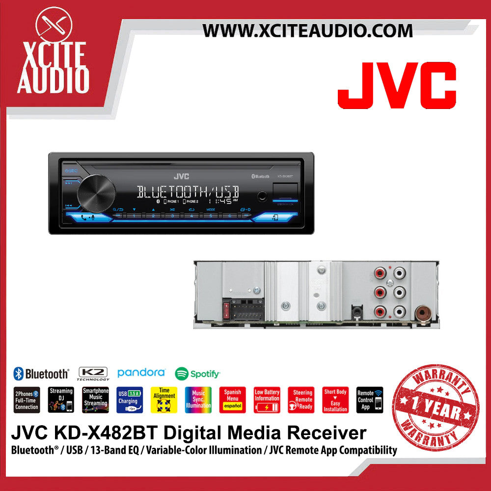 JVC KD-X482BT Digital Media Receiver with Bluetooth/USB/Spotify/Variable-Color Illumination