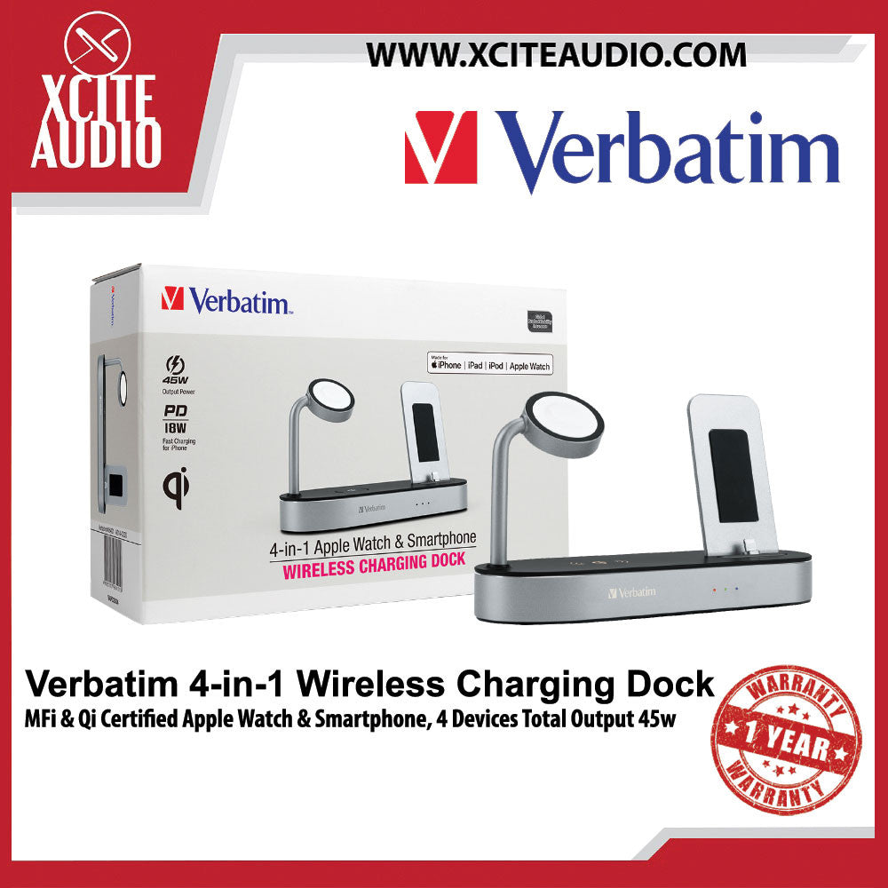 Verbatim 4-In-1 Wireless Charging Dock MFi & Qi Certified Apple Watch & Smartphone, 4 Devices Total Output 45w