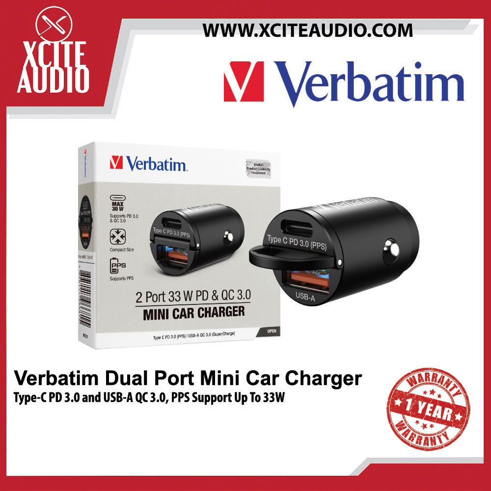 Verbatim Dual Port Mini Car Charger Type-C PD3.0 & USB-A QC3.0 PPS Support Up To 33w